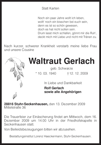 Traueranzeige von Waltraut Gerlach von KREISZEITUNG SYKE