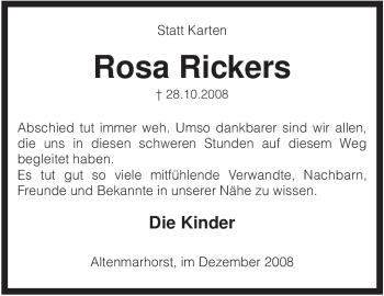 Traueranzeige von Rosa Rickers von KREISZEITUNG SYKE