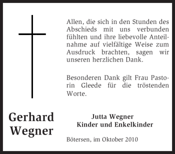 Traueranzeige von Gerhard Wegner von KREISZEITUNG SYKE