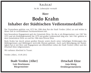 Traueranzeige von Bodo Krahn von KREISZEITUNG SYKE