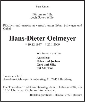 Traueranzeige von Hans-Dieter Oelmeyer von KREISZEITUNG SYKE