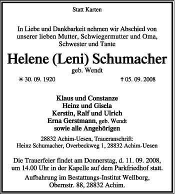 Traueranzeige von Helene Schumacher von KREISZEITUNG SYKE