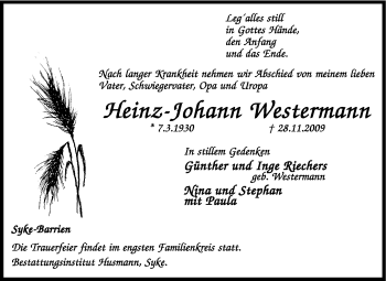 Traueranzeige von Heinz-Johann Westermann von KREISZEITUNG SYKE