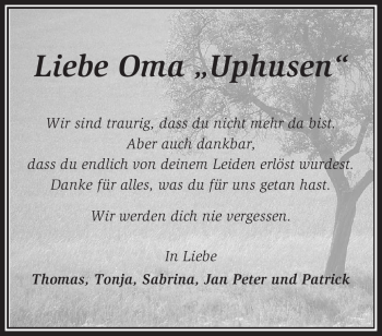 Traueranzeige von Oma Uphusen Unbekannt von KREISZEITUNG SYKE