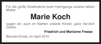 Traueranzeige von Marie Koch von KREISZEITUNG SYKE