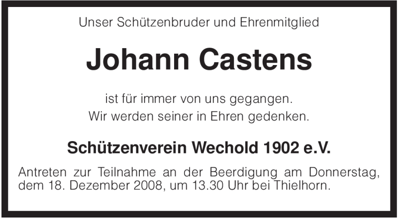  Traueranzeige für Johann Castens vom 16.12.2008 aus KREISZEITUNG SYKE