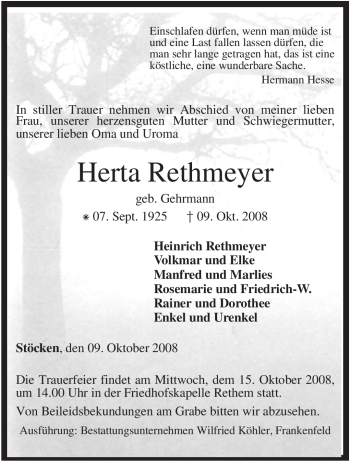 Traueranzeige von Herta Rethmeyer von KREISZEITUNG SYKE