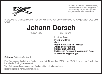 Traueranzeige von Johann Dorsch von KREISZEITUNG SYKE