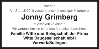 Traueranzeige von Jonny Grimberg von KREISZEITUNG SYKE