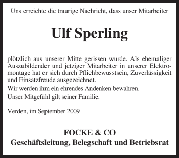 Traueranzeige von Ulf Sperling von KREISZEITUNG SYKE