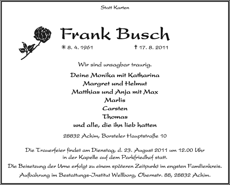  Traueranzeige für Frank Busch vom 20.08.2011 aus KREISZEITUNG SYKE