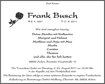 Traueranzeige von Frank Busch von KREISZEITUNG SYKE