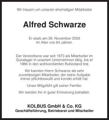 Traueranzeige von Alfred Schwarze von KREISZEITUNG SYKE