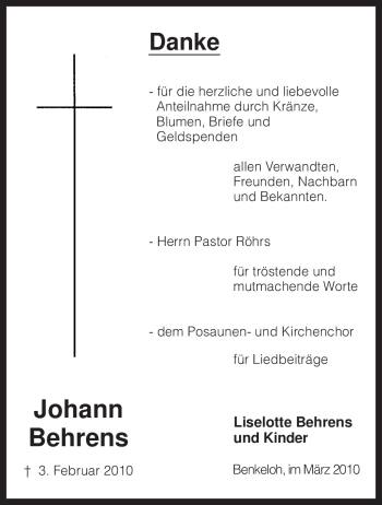 Traueranzeige von Johann Behrens von KREISZEITUNG SYKE