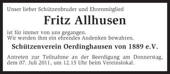 Traueranzeige von Fritz Allhusen von KREISZEITUNG SYKE