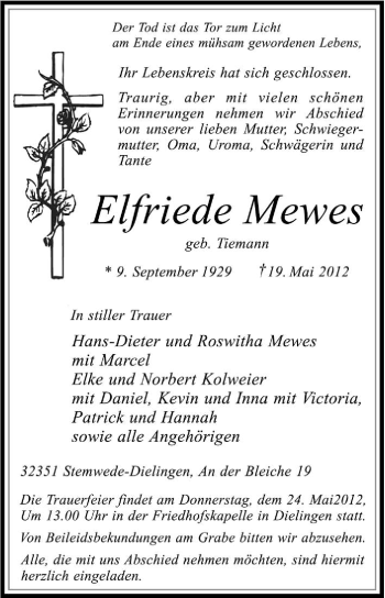 Traueranzeige von Elfriede Mewes von KREISZEITUNG SYKE