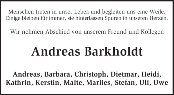 Traueranzeige von Andreas Barkholdt von KREISZEITUNG SYKE