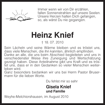 Traueranzeige von Heinz Knief von KREISZEITUNG SYKE