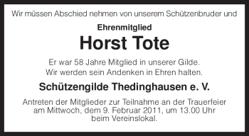 Traueranzeige von Horst Tote von KREISZEITUNG SYKE