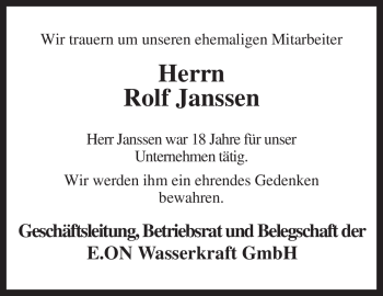 Traueranzeige von Rolf Janssen von KREISZEITUNG SYKE