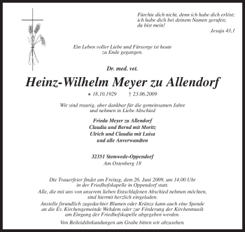 Traueranzeige von Heinz-Wilhelm Meyer zu Allendorf von KREISZEITUNG SYKE