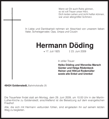 Traueranzeige von Hermann Döding von KREISZEITUNG SYKE