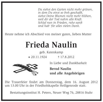 Traueranzeige von Frieda Naulin von KREISZEITUNG SYKE