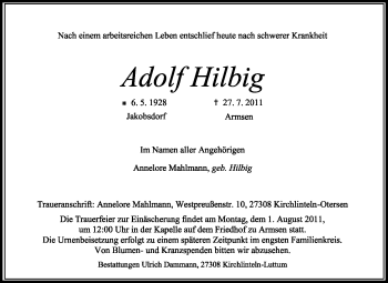 Traueranzeige von Adolf Hilbig von KREISZEITUNG SYKE