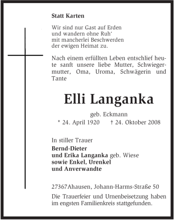 Traueranzeige von Elli Langanka von KREISZEITUNG SYKE