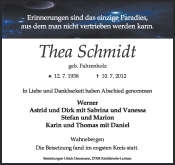 Traueranzeige von Thea Schmidt von KREISZEITUNG SYKE