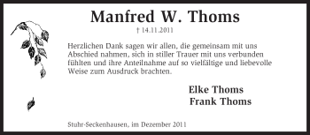 Traueranzeige von Manfred W. Thoms von KREISZEITUNG SYKE