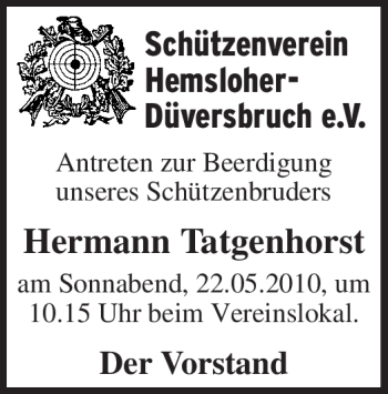 Traueranzeige von Hermann Tatgenhorst von KREISZEITUNG SYKE