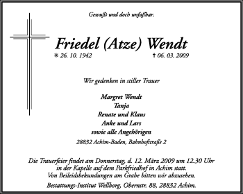 Traueranzeige von Friedel Wendt von KREISZEITUNG SYKE