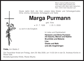 Traueranzeige von Marga Purmann von KREISZEITUNG SYKE