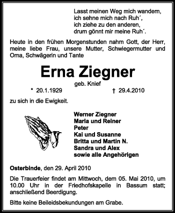 Traueranzeige von Erna Ziegner von KREISZEITUNG SYKE