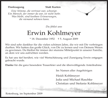 Traueranzeige von Erwin Kohlmeyer von KREISZEITUNG SYKE