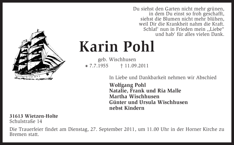  Traueranzeige für Karin Pohl vom 14.09.2011 aus KREISZEITUNG SYKE