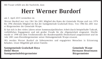 Traueranzeige von Werner Burdorf von KRZ