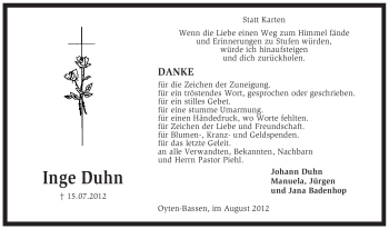 Traueranzeige von Inge Duhn von KREISZEITUNG SYKE