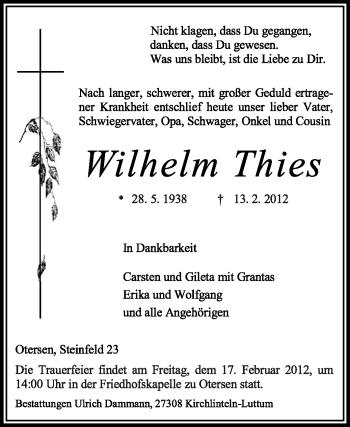 Traueranzeige von Wilhelm Thies von KREISZEITUNG SYKE