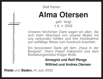 Traueranzeige von Alma Otersen von KREISZEITUNG SYKE