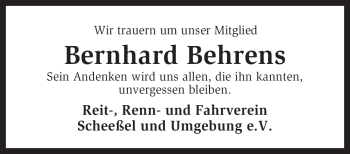 Traueranzeige von Bernhard Behrens von KREISZEITUNG SYKE