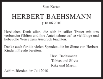 Traueranzeige von Herbert Baehsmann von KREISZEITUNG SYKE