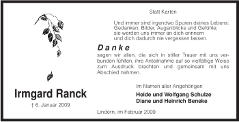 Traueranzeige von Irmgard Ranck von KREISZEITUNG SYKE