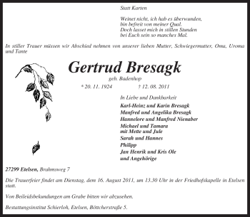 Traueranzeige von Gertrud Bresagk von KREISZEITUNG SYKE