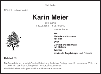 Traueranzeige von Karin Meier von KREISZEITUNG SYKE