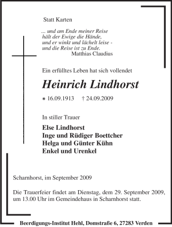 Traueranzeige von Heinrich Lindhorst von KREISZEITUNG SYKE