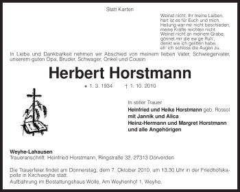 Traueranzeige von Herbert Horstmann von KREISZEITUNG SYKE