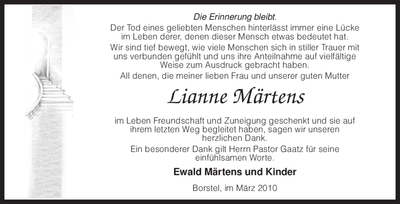  Traueranzeige für Lianne Märtens vom 13.03.2010 aus KREISZEITUNG SYKE