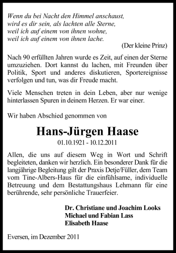 Traueranzeige von Hans-Jürgen Haase von KREISZEITUNG SYKE